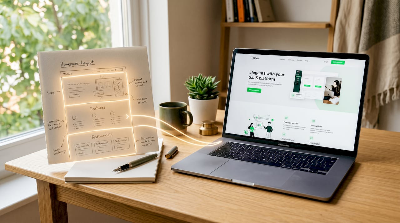 Hand-drawn sketch turning into a finished website