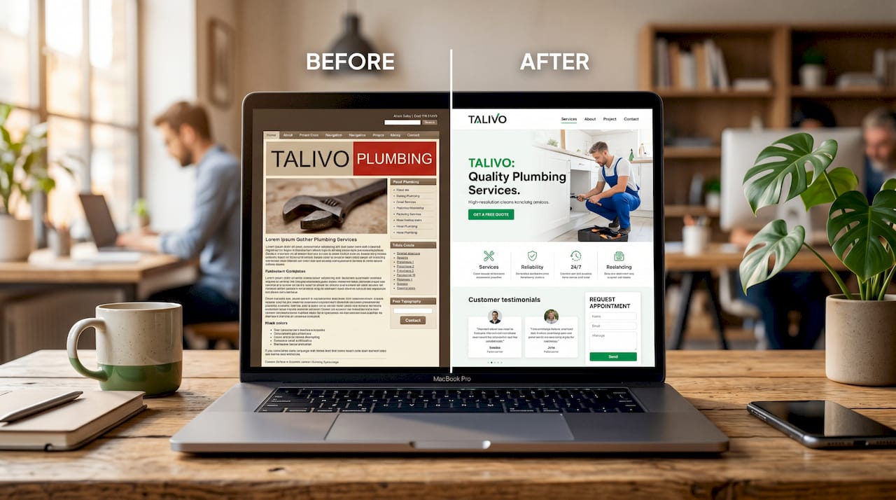 Before and after website redesign on a laptop